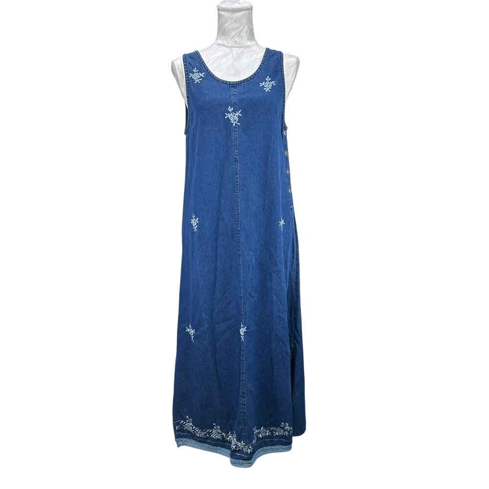 Vintage Embroidered Denim Dress Floral Sleeveless Button Side Blue Womens Small - Picture 2 of 11